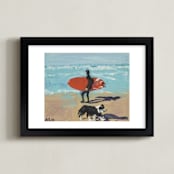 "Dog Beach Carmel; Surfer with Dog" - Art Print in Pacific Blue by Annie Seaton - Framed