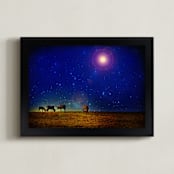 "Elk Stars Snow" - Art Print in Royal Blue by Andy Mars - Framed
