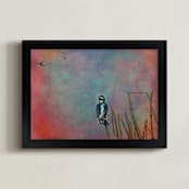 "Colorful Texture & Woodpecker" - Art Print in Light Blue by Andy Mars - Framed