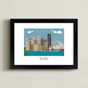 "Seattle Washington Skyline" - Art Print in Seattle Sky Blue by Nathan Poland - Framed