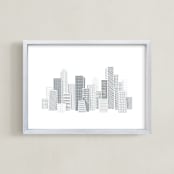 "Kid City Skyline" - Art Print in Grey by Jessie Steury - Framed