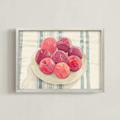 "red plums on linen tablecloth" - Art Print in Plum Red by Pippa Shaw - Framed