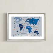 "Nautical Map" - Art Print in Soft Blue by Carrie Cantwell - Framed