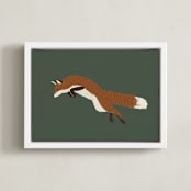 "Leaping Fox" - Art Print in Forrest Green by Kelly Watkins - Framed Canvas