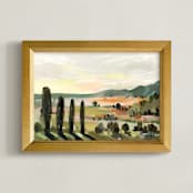 "Italian Field in Sun Glow" - Art Print in Dark Green by Shina Choi - Framed