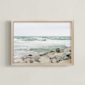 " 29/5000 White waves and rocky shore" - Art Print in turquoise white by Lying on the grass - Framed