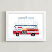 "Fire Engine to the Rescue" - Personalized Art Print in Flame by Paper Sun Studio - Framed