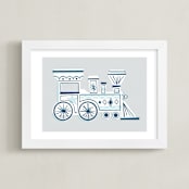 "Terrific Train" - Art Print in Blue Grey by Jessie Steury - Framed