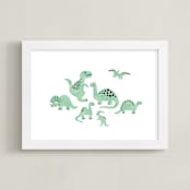 "Darling Dinos" - Art Print in Fern by Jessie Steury - Framed