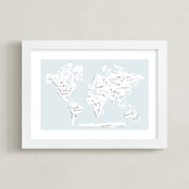 "Beautiful World Map" - Art Print in Soft Sky by Jessie Steury - Framed