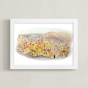"Sunset on a Village" - Art Print in Sunset Orange by Haley Moore - Framed