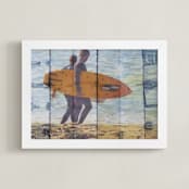"2 Indigo Surfers, Orange Board" - Art Print in Indigo Blue by Annie Seaton - Framed