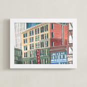 "Downtown Buildings" - Art Print in rust and blue/green by Valerie Hamill - Framed