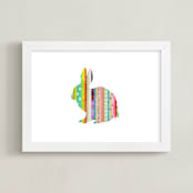 "Stripy Bunny" - Art Print in Rainbow by Shelley Kommers - Framed