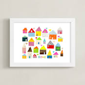 "Home + Hearts" - Art Print in Pink Rainbow by Shelley Kommers - Framed