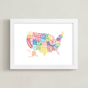 "United States Typography Map" - Art Print in Rainbow by Jessie Steury - Framed