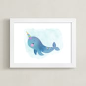 "Unicorn Narwhal" - Art Print in Ocean Blue by Kathy Par - Framed