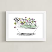 "Bunny Bath Time" - Art Print in spring pastels by Kara Kramer - Framed