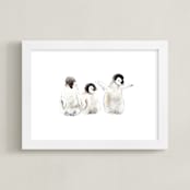 "Watercolor Baby Penguins" - Art Print in Penguin Grey by Lauren Rogoff - Framed