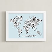 "Fine Floral World Map" - Art Print in Sky by Jessie Steury - Framed
