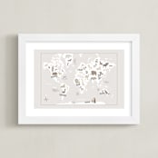 "Animal World Map" - Art Print in Beige by Jessie Steury - Framed