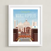 "Greetings from Monstropolis" - Art Print in Sky Blue by Erica Krystek - Framed