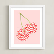 "Checkerboard Cherries" - Art Print in Pastel Pink by Luci Power - Framed