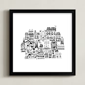 "Little houses on a hillside" - Art Print in Black and White by Phrosné Barwood - Framed