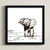 "Elephant and bird" - Art Print in Black and White by XL - Framed