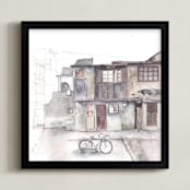 "Chinese Houses" - Art Print in Terracotta Brown by XL - Framed