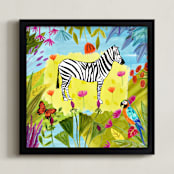 "Jungle Zebra" - Art Print in lemon yellow by FARIDA ZAMAN - Framed