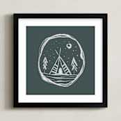 "Kids-Lets Go Camping-" - Art Print in Dark Emerald Green by Nancy Noreth - Framed