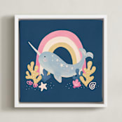 "Narwhal Magic" - Art Print in Deep Sea Blue by Sabrina Excene - Framed Canvas