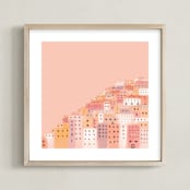 "Positano Houses" - Art Print in Peachy Pink by Laura Mitchell - Framed