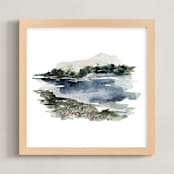 "Mountain View" - Art Print in Navy and Dusty Blue with Forest and Sage Green by Kate Nelson - Framed