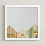 "Striped houses" - Art Print in Gray Blue by Lena Erysheva - Framed