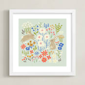 "Bunnies in the Garden" - Art Print in Seafoam Blue by Anne Lehman Stolpe - Framed
