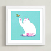 "Kitten and Butterfly" - Art Print in Aqua by Kristiina Almy - Framed