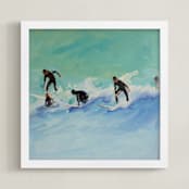 "Surf boys at Sunset" - Art Print in Aqua by Annie Seaton - Framed