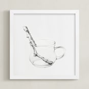 "Bonsai dessin with twig & coffee cup " - Art Print in Light Grey by jinseikou - Framed