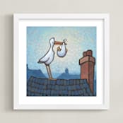 "Stork Delivery" - Art Print in Baby blue by Rachel Nelson - Framed
