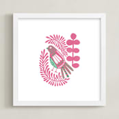 "Folk Bird" - Art Print in pink by Jen Owens - Framed