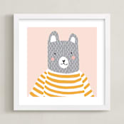 "Stripe Top Bear" - Art Print in Pale pink and Mustard by Megan Monismith - Framed
