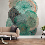 "Grey Thoughts" - Wall Mural in Aqua by Maggie Ramirez Burns - In a Room