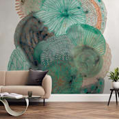 "Grey Thoughts" - Wall Mural in Aqua by Maggie Ramirez Burns - In a Room