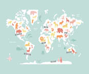 "Animal World Map" - Wall Mural in Aqua by Jessie Steury - Full Size