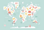 "Animal World Map" - Wall Mural in Aqua by Jessie Steury - Full Size
