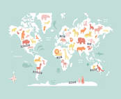 "Animal World Map" - Wall Mural in Aqua by Jessie Steury - Full Size