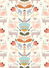 "Folk Animal and Floral" - Wall Mural in White by Angel Walker - Full Size