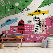 "City State of Mind" - Wall Mural in Pink by Jordan Sondler - In a Room